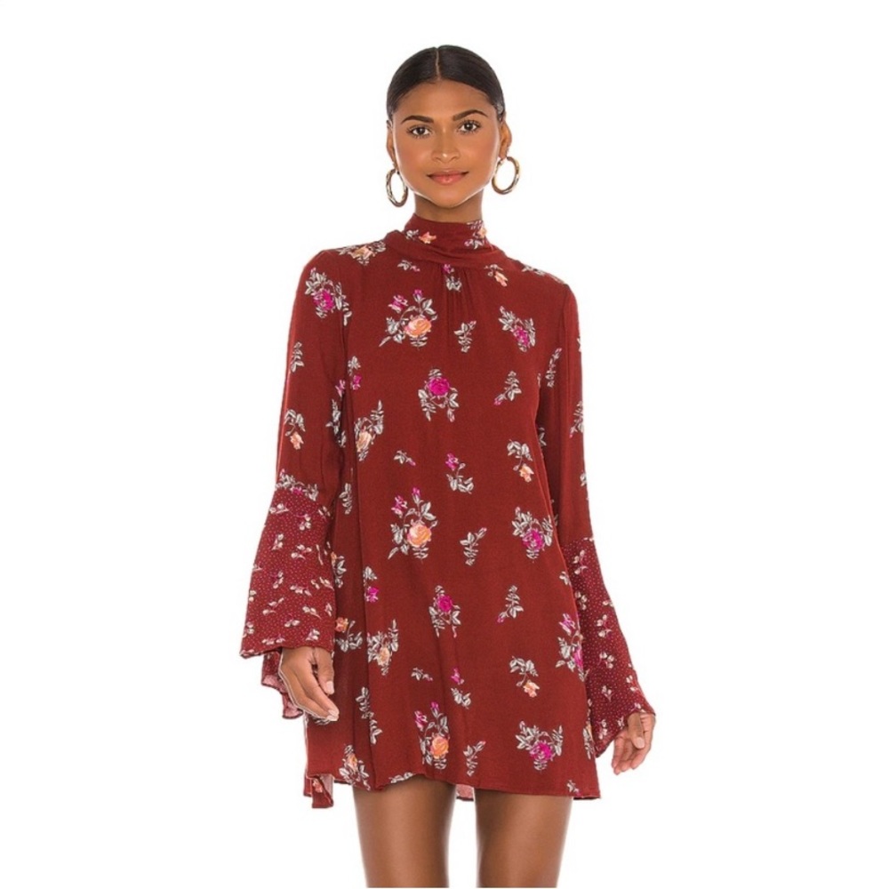 Free People Floral Mini Dress in Burgundy with Pink & Orange Accents
